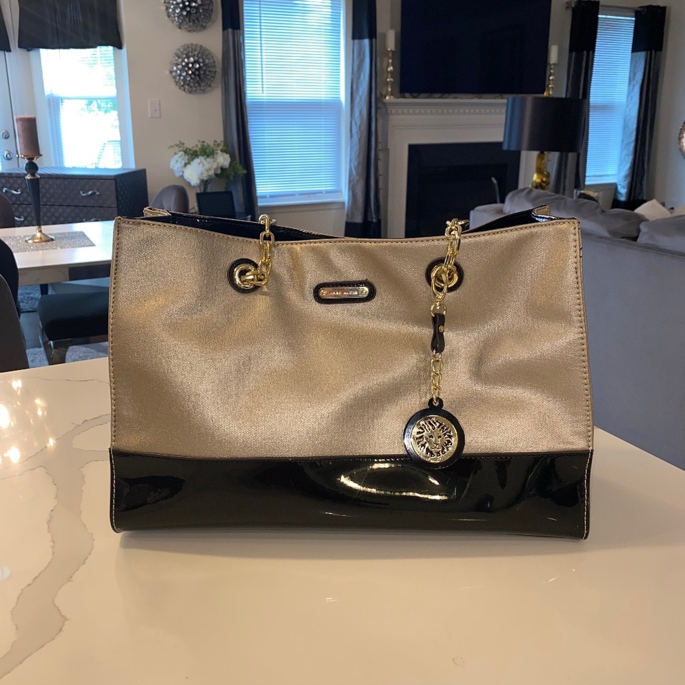 Anne Klein Tote Ash Gray with Black Patent Leather Accent